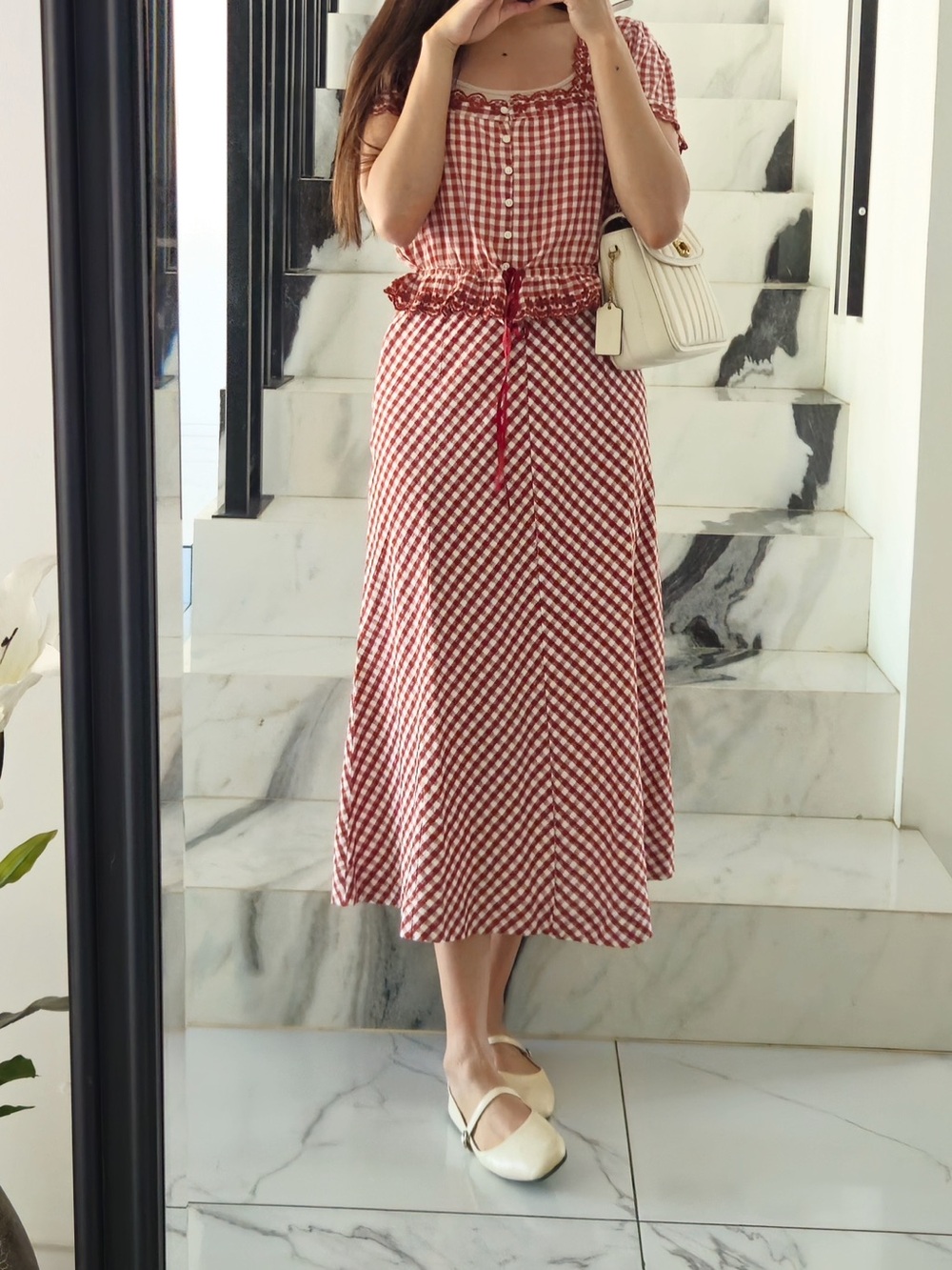 American Eagle Outfitters Red Gingham Square-Neck Midi Dress